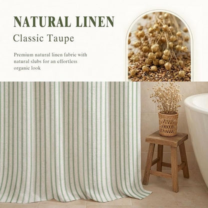 Farmhouse Striped Shower Curtain Green Vintage Linen Curtain 72"W X 84"L | Extra Long Striped Shower Curtains with Linen Texture for Bathroom Decor