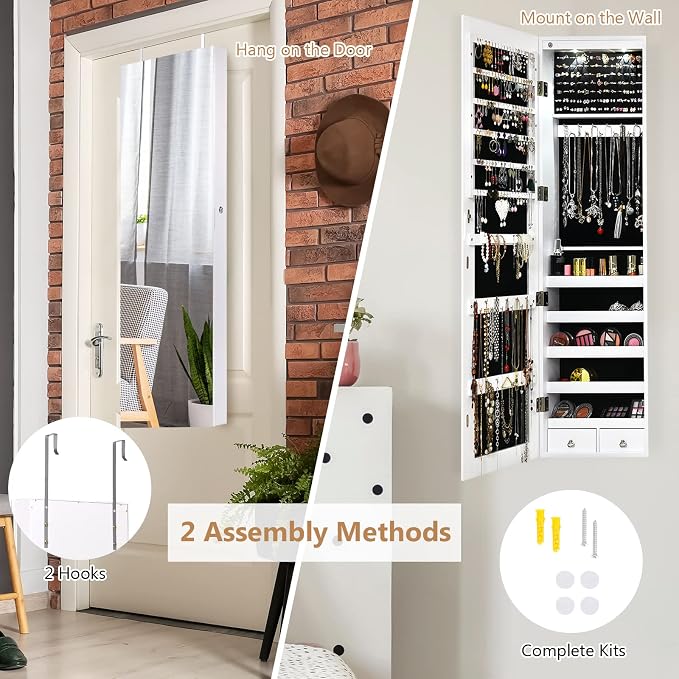 COSTWAY Wall Mounted Jewelry Armoire with Full Length Mirror & 2 LED Lights, Large Storage Capacity, Lockable Mirror Jewelry Cabinet for Women Girls (White)