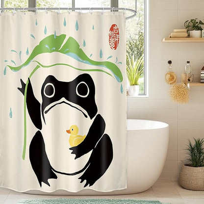 LGhtyro Funny Frog Shower Curtain Bathroom Set 54Wx78H Inches Cute Duck Asian Traditional Japanese Style Taking Lotus Animal Leaf Rain Bath Accessories Frog Art Home Decor Fabric 12 Pack Hooks