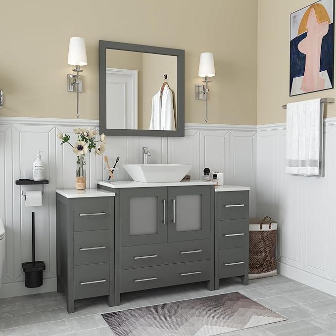 Vanity Art 54 Inch Vessel Single Sink Bathroom Vanity Cabinet with 1 Mirror, Engineered Marble Top Bathroom Cabinet Compact Set with 8 Dovetail Drawers and Soft Closing Doors, VA3130-54-G