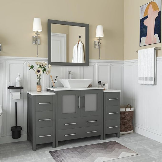 Vanity Art 54 Inch Vessel Single Sink Bathroom Vanity Cabinet with 1 Mirror, Engineered Marble Top Bathroom Cabinet Compact Set with 8 Dovetail Drawers and Soft Closing Doors, VA3130-54-G