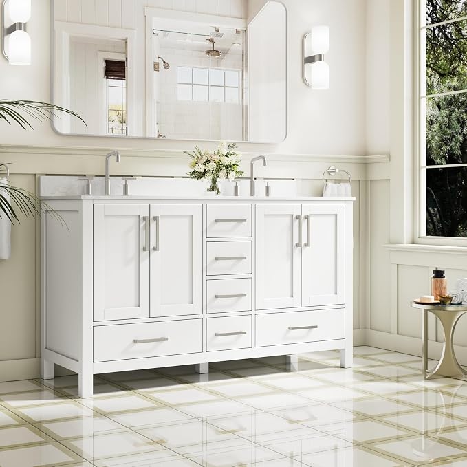 60-Inch Bathroom Vanity with Sink, 4 Soft-Close Doors and 6 Soft-Close Drawers, Bathroom Freestanding Vanity with Cultured Marble Countertop, White Vanity with Brushed Nickel Handles