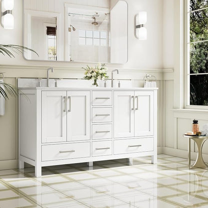 60-Inch Bathroom Vanity with Sink, 4 Soft-Close Doors and 6 Soft-Close Drawers, Bathroom Freestanding Vanity with Cultured Marble Countertop, White Vanity with Brushed Nickel Handles