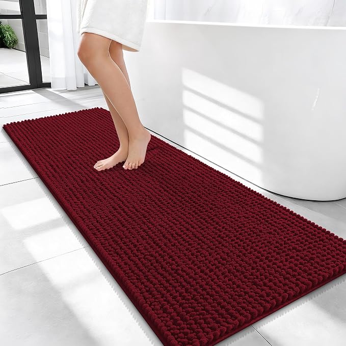 OLANLY Thick Chenille Bathroom Runner Rugs Mats 47x20, Burgundy | Soft Absorbent Bath Rugs, Rubber Backing, Machine Wash Dry, Bath Mats for Bathroom, Tub and Shower, Home Decor Accessories