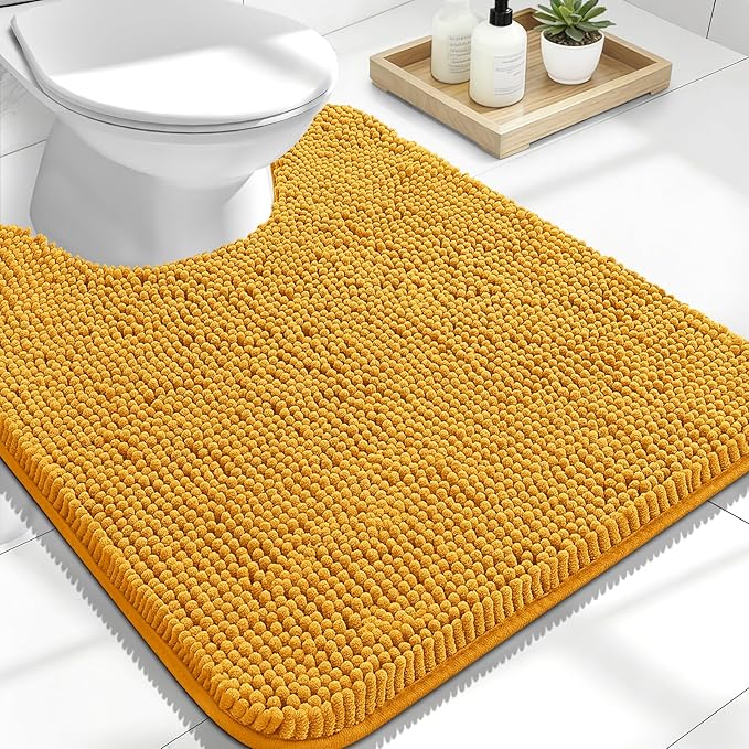 OLANLY Toilet Rugs U-Shaped 24x20, Soft Absorbent Chenille Contour Rugs | Golden Yellow, Quick-Drying Rubber Backing, Machine Washable Non-Slip Shaggy Bathroom Mat for Toilet, Home Decor Accessories