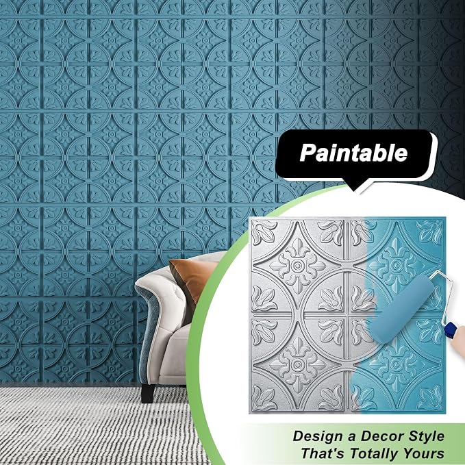 Art3d Fancy Classic Style Drop Ceiling Tiles, 2 x 2 ft, Argent Silver | PVC, Lightweight, Waterproof, Easy to Wipe Clean, Compatible with Grid System, Suitable for Kitchen, Bathroom, Basement