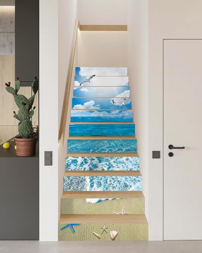 FLFK Stair Decals - Stair Stickers Decals Peel and Stick,Sunshine Ocean Beach Stair Risers Decals Self-Adhesive for Home Decor, 39.3" W x 7.08" H x 13Pcs