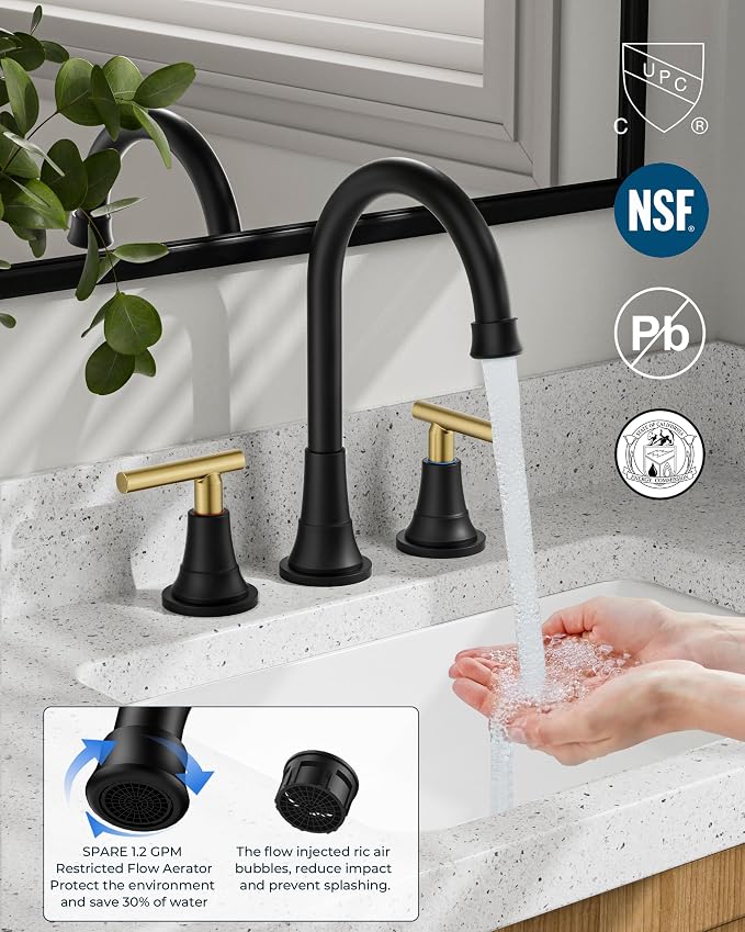 FORIOUS 8 Inch Widespread 3 Hole Bathroom Faucet Black and Gold, Mix Color | FORIOUS Widespread Bathroom Faucet Black and Gold Vanity, Two Handle Black and Brushed Gold Bathroom Sink Faucet 3 Hole