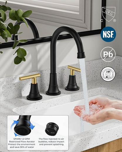 FORIOUS 8 Inch Widespread 3 Hole Bathroom Faucet Black and Gold, Mix Color | FORIOUS Widespread Bathroom Faucet Black and Gold Vanity, Two Handle Black and Brushed Gold Bathroom Sink Faucet 3 Hole