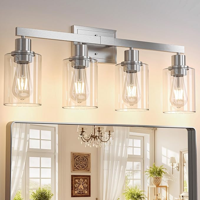 Hasipu 4-Light Bathroom Light Fixtures, Vanity Light with Clear Glass Shade, Bathroom Lighting Fixtures Over Mirror for Kitchen Living Room Hallway Cabinet Porch