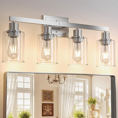 Hasipu 4-Light Bathroom Light Fixtures, Vanity Light with Clear Glass Shade, Bathroom Lighting Fixtures Over Mirror for Kitchen Living Room Hallway Cabinet Porch