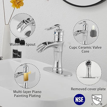Chrome Bathroom Faucet Waterfall GGStudy Single Handle One Hole Farmhouse Bathroom Vanity Faucet Basin Mixter Tap Deck Mount with Drain Assembly