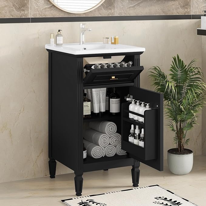 20 Inch Black Small Bathroom Vanity with Sink, Vanity Cabinet with Tip-Out Drawer and Door Rack Organizer, Adjustable Shelf