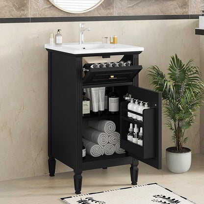 20 Inch Black Small Bathroom Vanity with Sink, Vanity Cabinet with Tip-Out Drawer and Door Rack Organizer, Adjustable Shelf