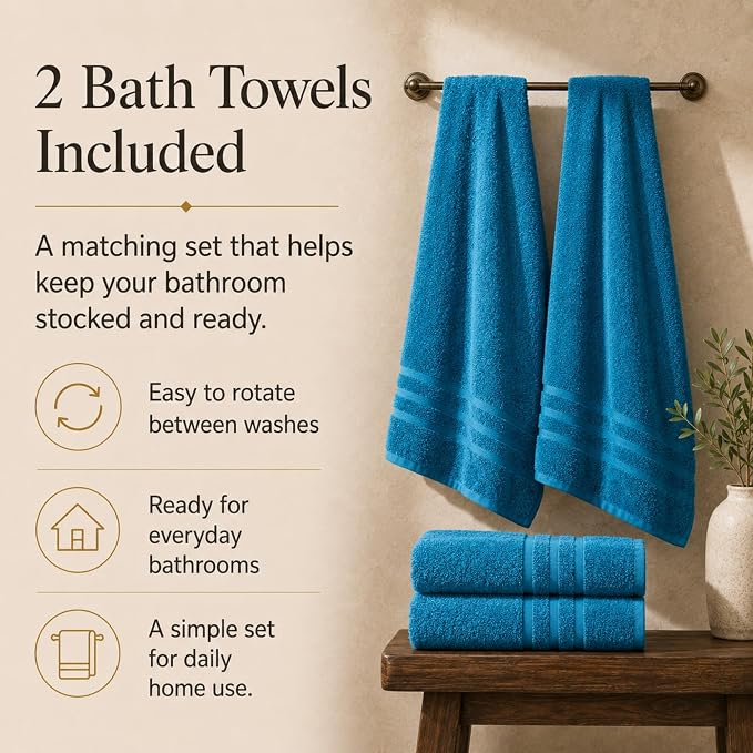 Velqora Bath Towels, 2 Pack, 30x60 in, 100% Cotton, Soft & Absorbent, Blue | Balanced Weight | Everyday Comfort | Easy Care