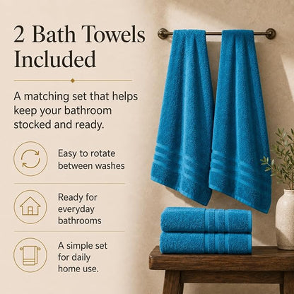 Velqora Bath Towels, 2 Pack, 30x60 in, 100% Cotton, Soft & Absorbent, Blue | Balanced Weight | Everyday Comfort | Easy Care
