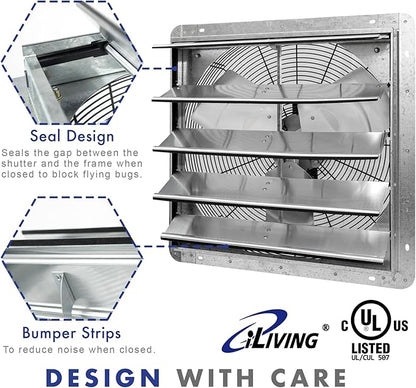 iLiving New Upgraded 20" Wall Mounted Exhaust Fan - Automatic Shutter - Variable Speed - Vent Fan For Home, Attic, Shed, or Garage Ventilation, 115V, 2.2A, Silver