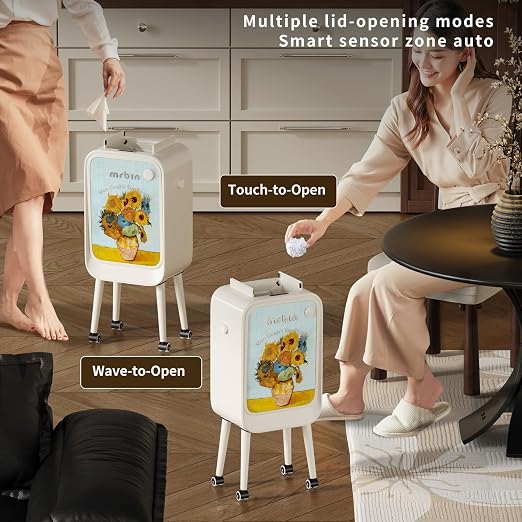 MRBIN Stainless Steel Motion Sensor Trash Can Bathroom with Butterfly Lid and Leg, Wheeled 5.5 Gal Tall Automatic Smart Waste Basket, Touchless Electric Dustbin for Bedroom, Toilet, Sunflower Pattern
