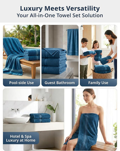 LANE LINEN Towel Set Quick Dry 100% Cotton 4 Piece Soft - Sea Port | Towel Sets For College Dorm - Zero-Twist Durability, Zero-Twist Cotton, Terry Weave Comfort, Long-Lasting Comfort