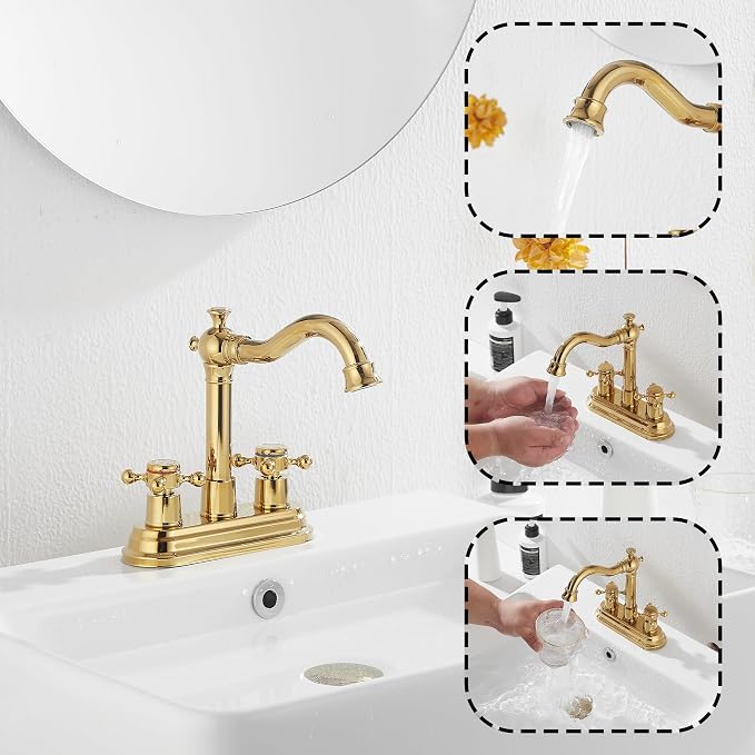 Bathroom Faucet Polished Gold GGStudy 2 Handles 4 Inches Centerset Bathroom Vanity with Drain Assembly and Supply Hose Lavatory Faucet Mixer Double Handle Tap