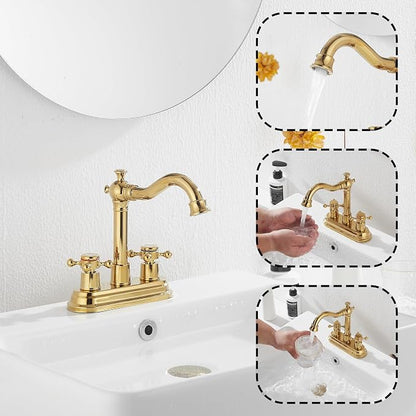 Bathroom Faucet Polished Gold GGStudy 2 Handles 4 Inches Centerset Bathroom Vanity with Drain Assembly and Supply Hose Lavatory Faucet Mixer Double Handle Tap