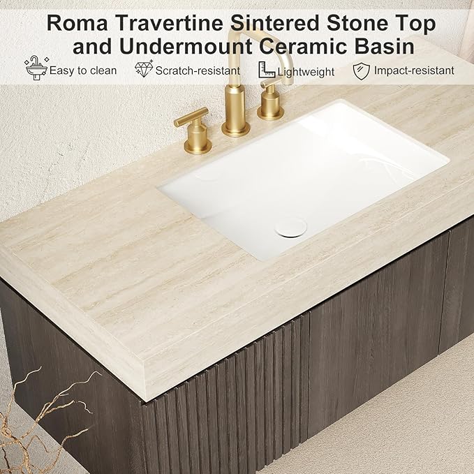 48" Floating Bathroom Vanity with Sink, Plywood Bathroom Vanities, Roma Travertine Sintered Stone Top and 3 Pre-drilled Faucet Holes Ceramic Basin, Pre-Assembled, Espresso Woodgrain