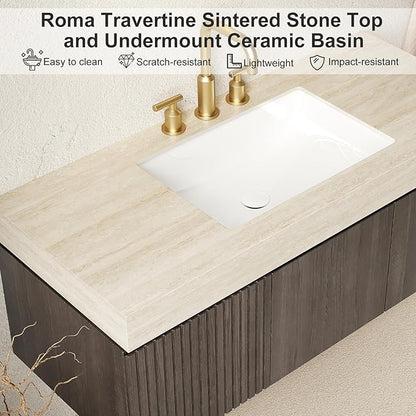 48" Floating Bathroom Vanity with Sink, Plywood Bathroom Vanities, Roma Travertine Sintered Stone Top and 3 Pre-drilled Faucet Holes Ceramic Basin, Pre-Assembled, Espresso Woodgrain