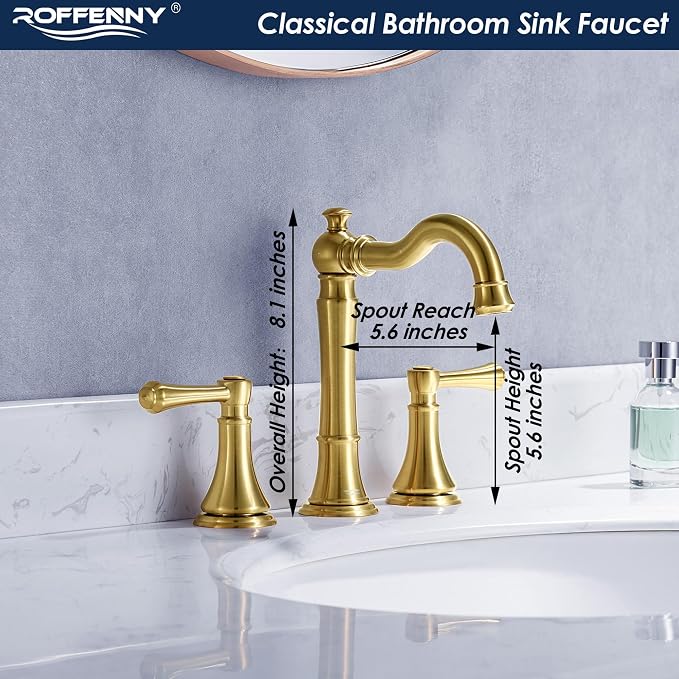 Brushed Gold Bathroom Sink Faucet 8 Inch Widespread 3 Holes | Includes Plastic Pop-Up Drain & Two 23.6" Supply Lines, Classical 8 In Spread Lavatory Bath Vanity Sink Faucets, Brass Spout