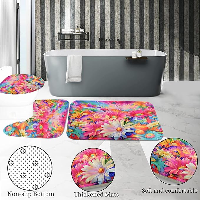 4-Piece Sunflower Shower Curtain Pink Blue Flower Bathroom Set with Shower Curtain and Rugs, Pastel Daisy Bath Set with Hooks for Home Decor