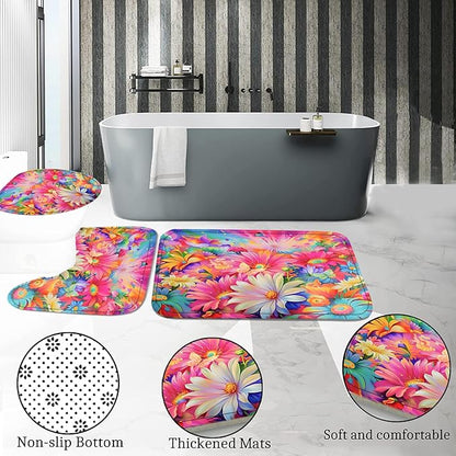 4-Piece Sunflower Shower Curtain Pink Blue Flower Bathroom Set with Shower Curtain and Rugs, Pastel Daisy Bath Set with Hooks for Home Decor