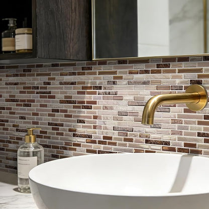 URCOLOR 10-Sheet Kitchen Backsplash Tiles Peel and Stick, 12”×12” Self Adhesive Wall Tile Sticker for Bathroom,Sandstone Brown
