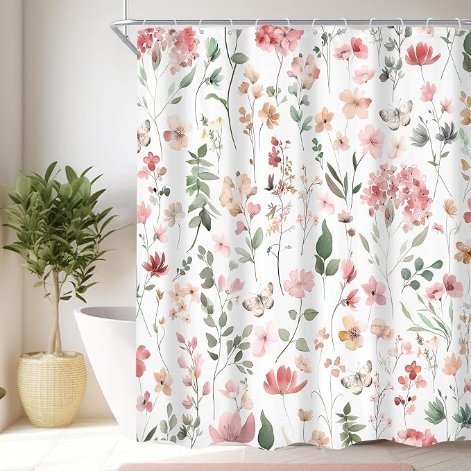 Pink Blush Coral Flower Floral Wildflower Leaf Bathroom Shower Curtain Set | 60"W x 72"H Leaves Butterfly; waterproof HD print, quick-dry fabric and plastic hooks for easy setup.