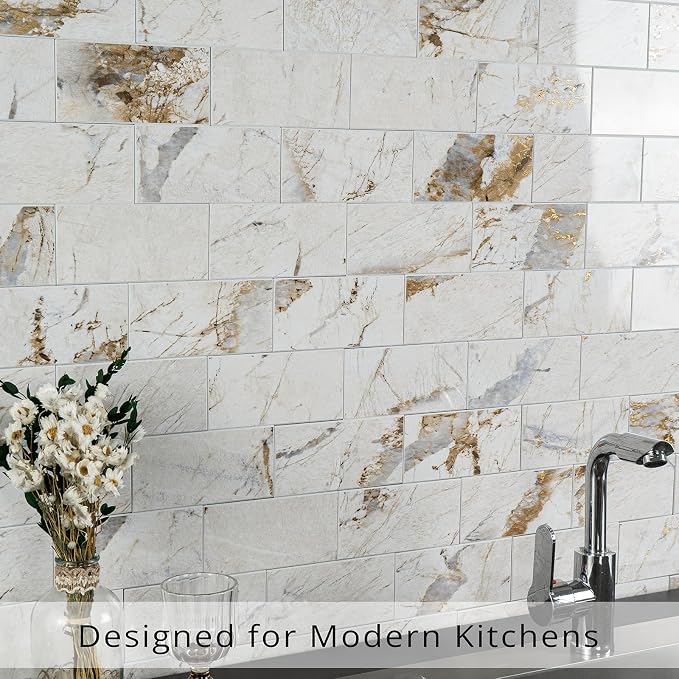 StyloVue 100 Pieces Peel and Stick Backsplash for Kitchen, 3" x 6" PVC Subway Tile, 2026 Upgraded Ivory Calacatta Marble Look with Gold Veining, Glossy Finish, Stick on Tile for Kitchen, Fireplace, RV