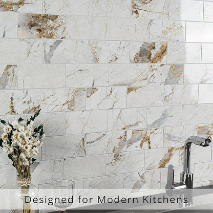 StyloVue 100 Pieces Peel and Stick Backsplash for Kitchen, 3" x 6" PVC Subway Tile, 2026 Upgraded Ivory Calacatta Marble Look with Gold Veining, Glossy Finish, Stick on Tile for Kitchen, Fireplace, RV
