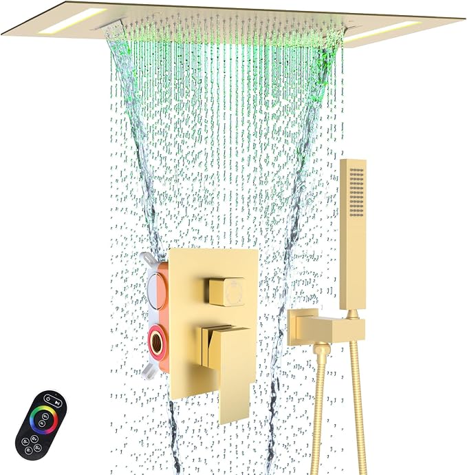 LED Spa Shower System Rainfall Waterfall with Handheld, Brushed Gold | 20x14-Inch Luxury 2 Modes Showerhead with Ligh t Remote Control, 3 Way Mixer Valve