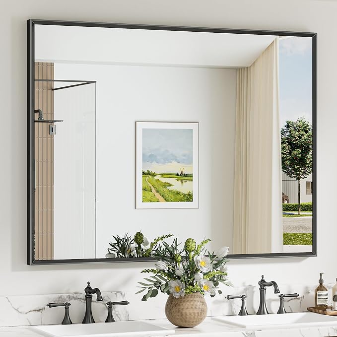 Keonjinn 48 x 36 Inch Black Bathroom Mirrors for Over Sink, Metal Frame | Rectangular Mirrors for Wall, Beveled Framed Design, Rustic Bathroom Vanity Mirror, Safety HD Tempered Glass, Square Corner