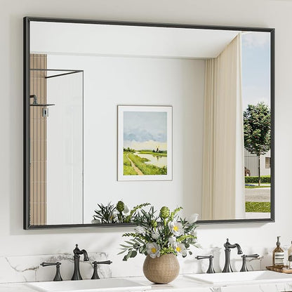Keonjinn 48 x 36 Inch Black Bathroom Mirrors for Over Sink, Metal Frame | Rectangular Mirrors for Wall, Beveled Framed Design, Rustic Bathroom Vanity Mirror, Safety HD Tempered Glass, Square Corner