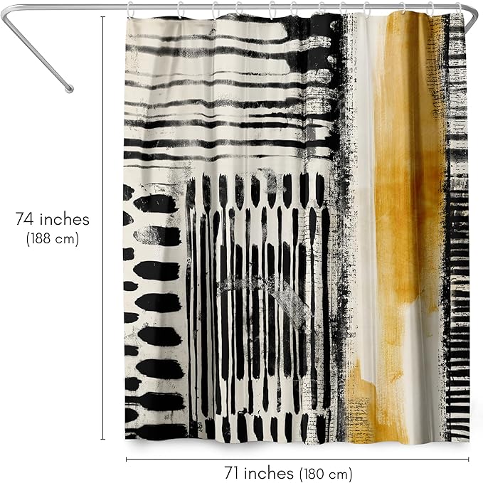 Americanflat 71x74 Abstract Shower Curtain - Water-Resistant Long Shower Curtain with Durable Metal Grommets and 12 Hooks - 100% Polyester - Black, Ivory, and Ochre Yellow