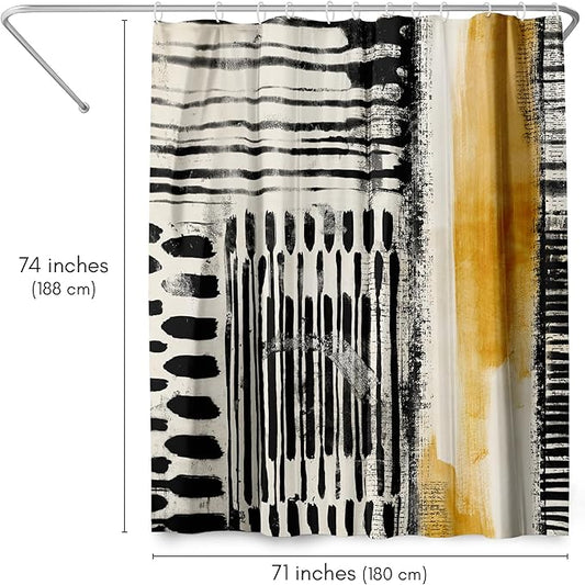 Americanflat 71x74 Abstract Shower Curtain - Water-Resistant Long Shower Curtain with Durable Metal Grommets and 12 Hooks - 100% Polyester - Black, Ivory, and Ochre Yellow