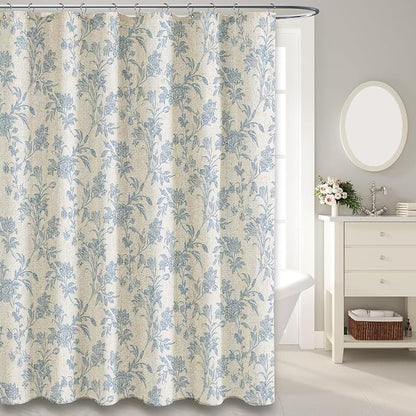 WOUVMA Extra Long Blue Shower Curtain Floral Cotton Linen Cottagecore Shower Curtain for Bathroom 96" L x 72" W