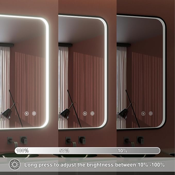 28"x36" Black LED Bathroom Mirror with Lights, 3000K/4500K/6000K | Stepless Dimmable, Memory, Anti-Fog,Aluminum Frame Wall Mounted Lighted Bathroom Vanity Mirror, ETL Listed, IP54 Waterproof