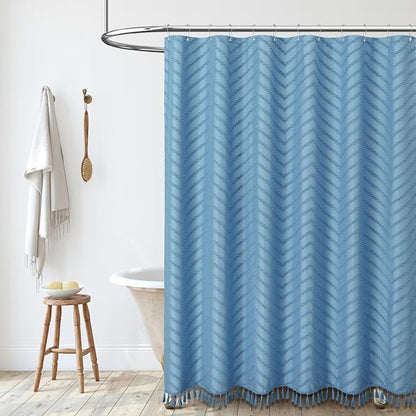 Extra Long Boho Shower Curtain Tufted Chevron 72x84 Moonlight Blue | 84 Inch Tall, Elegant Tassel, Lightweight Textured Fabric, Water Repellent, Washable, Hotel Spa, for Bathroom/Dorm 12 Hooks