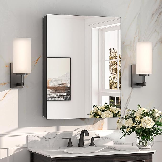 Keonjinn Black Medicine Cabinet with Mirror 20" x 26", Lightweight Aluminum | Assembly Required, Adjustable Shelves, Safe Tempered Glass, Wall Mount or Recessed, Soft Close, Bathroom Mirror with Storage
