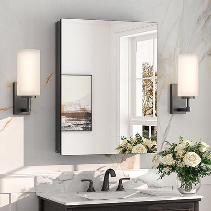 Keonjinn Black Medicine Cabinet with Mirror 20" x 26", Lightweight Aluminum | Assembly Required, Adjustable Shelves, Safe Tempered Glass, Wall Mount or Recessed, Soft Close, Bathroom Mirror with Storage