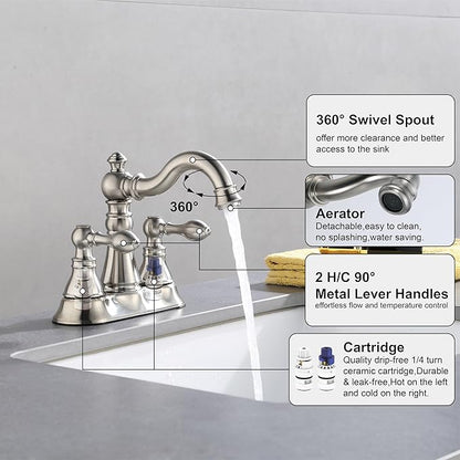 Two Handle Bathroom Faucet Brushed Nickel Bathroom Lavatory Sink Faucet 3 Hole with Pop up Drain Assembly, Classic 4 Inch Centerset with 360° Swivel Spout,2 Pack,BF-0048D-BN