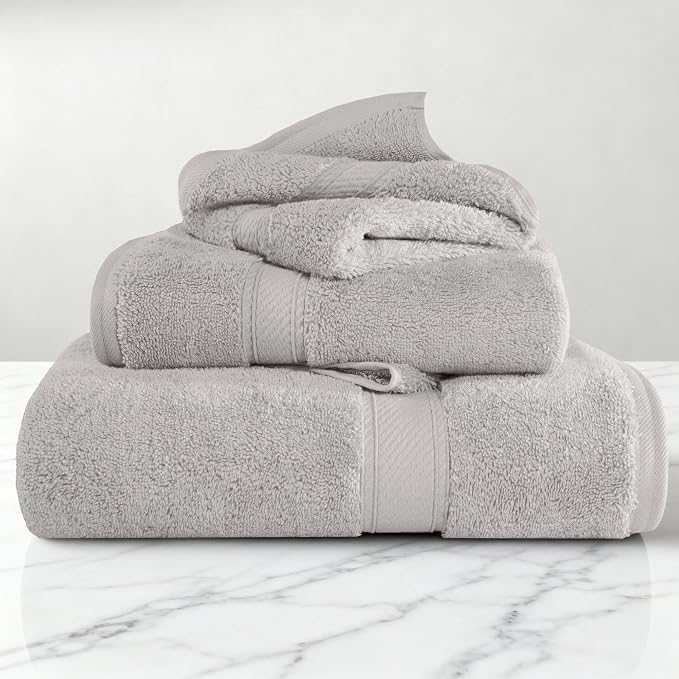 SUPERIOR Egyptian Cotton Ultra Plush & Absorbent, 3 Piece Set, Silver | Quick Dry, Soft Luxury Towel Set, Bath Essentials, Guest Bath, Spa, 1 Bath, 1 Hand, 1 Face Towels, Madeline Towels