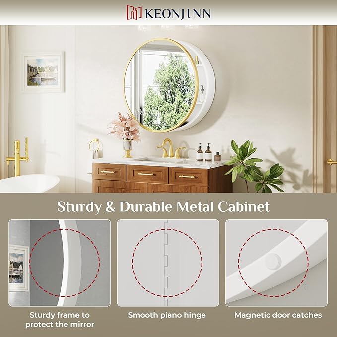 Keonjinn 24 x 24 Inch Round Medicine Cabinets for Bathroom, Gold Mirror Medicine Cabinet Wall Mounted, Modern Medicine Cabinet Surface Mount Only, Circle Framed Vanity Mirror with Storage