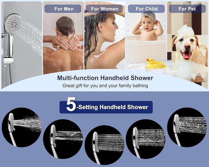 ROVATE Shower Panel Tower System with Shelf & 6 Body Jets, Brushed Finish | Stainless Steel Shower Column with Height Adjustable Shower Arm, Self-Cleaning Rainfall Showerhead & Handheld