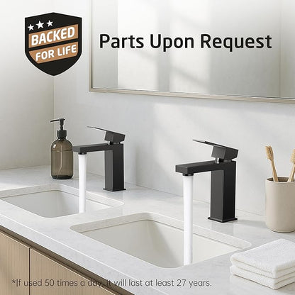 KES Black Bathroom Faucet Single Handle & Bathroom Sink Drain with Overflow, cUPC Certified Vanity Faucet with Pop Up Drain Stopper Stainless Steel Matte Black, L3156ALFF12-BK-C2