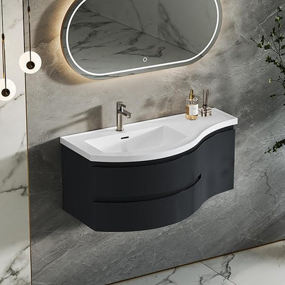 KunMai Modern Floating Bathroom Vanity with Sink, 35.4" Black Wall Mounted Stone Resin Top Vanity Cabinet with Storage Drawers & Door, White Wall Hung Vanity for Small Bathrooms